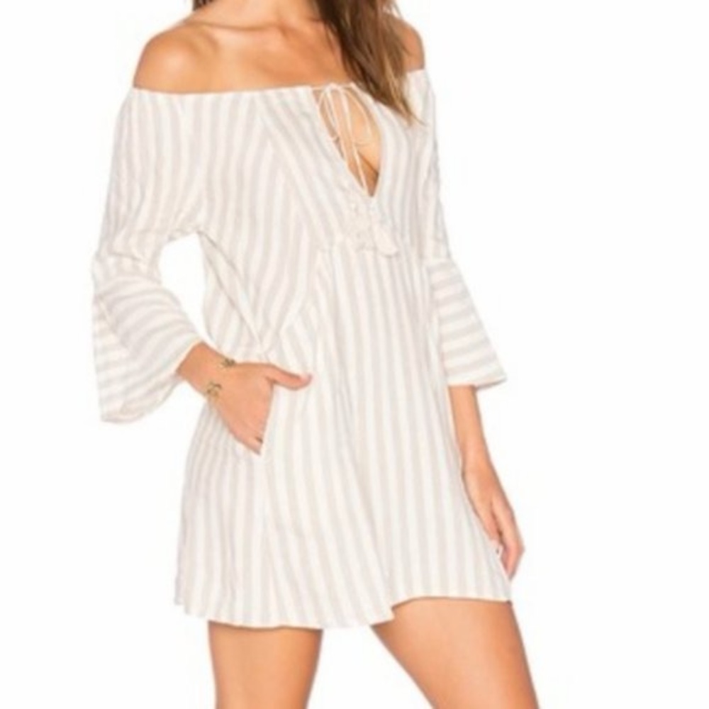 Free People Dress Womens Small White Tan Stripe Linen Mini